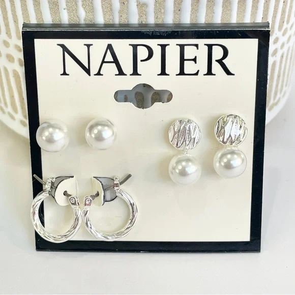 NWT Napier three pairs of silver and pearl earrings - Picture 1 of 5